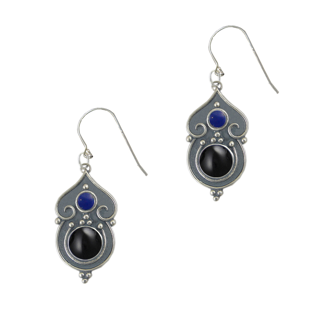 Sterling Silver Gothic Inspired Drop Dangle Earrings With Black Onyx And Lapis Lazuli